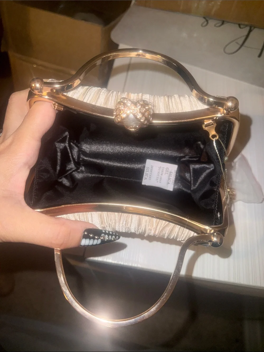 Elegant Pearl-Accent Satin Evening Bag in Champagne